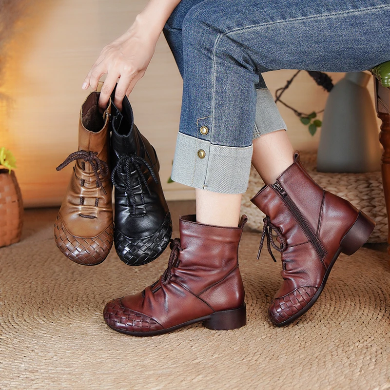 棉谷秋冬新款瘦瘦靴粗跟短靴英伦风圆头软底妈妈鞋系带中跟71963