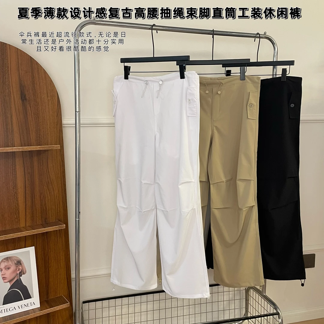 AMAZCOOL夏季薄款设计感复古高腰抽绳束脚直筒工装休闲裤106