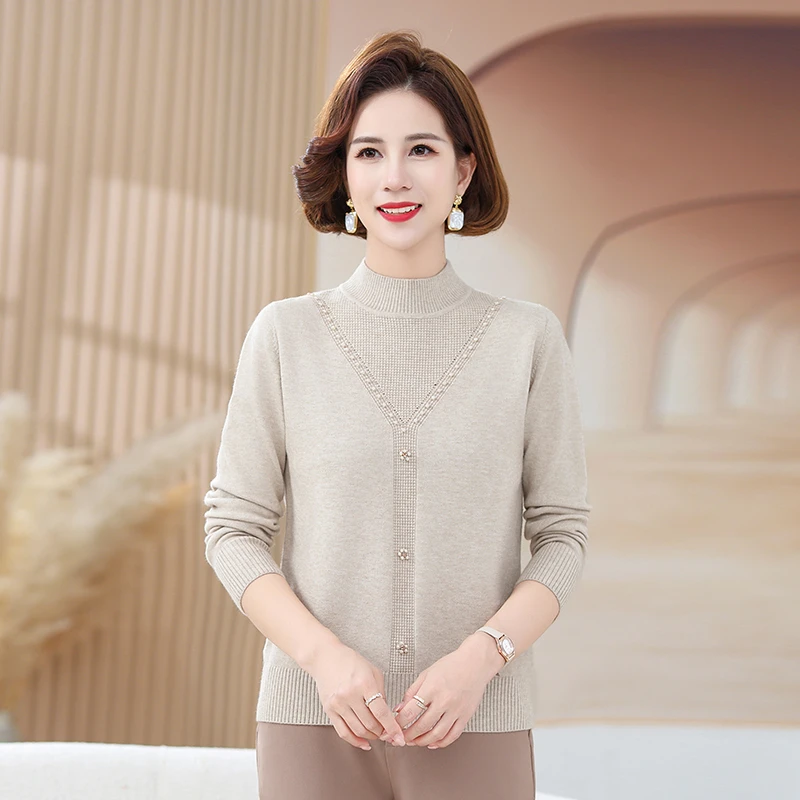 QianLian/浅恋冬季新款中老年妈妈装毛衣半高领女式针织衫