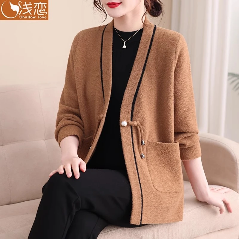 QianLian/浅恋冬季新款毛呢妈妈装外套时尚洋气中长款开衫双口袋