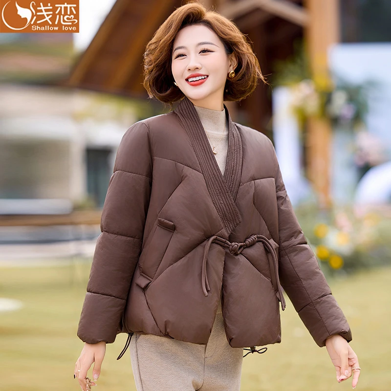 QianLian/浅恋高端中年妈妈装羽绒棉服V领加绒加厚小个子洋气短款