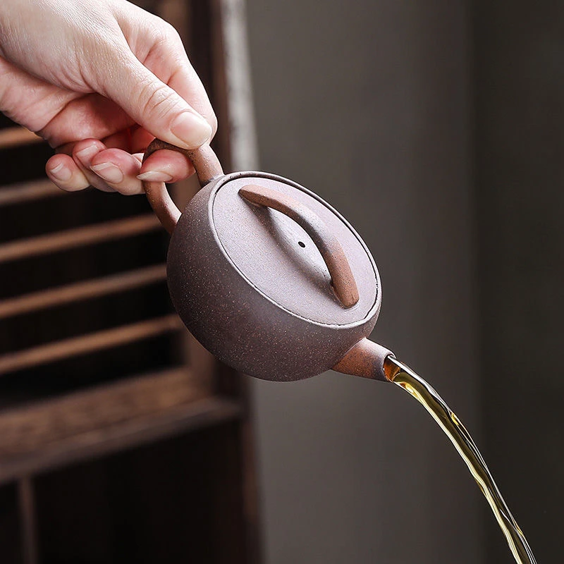 （素）老岩泥汉瓦壶120mI粗陶高温烧制可养包浆七彩圆壶茶壶一片瓦