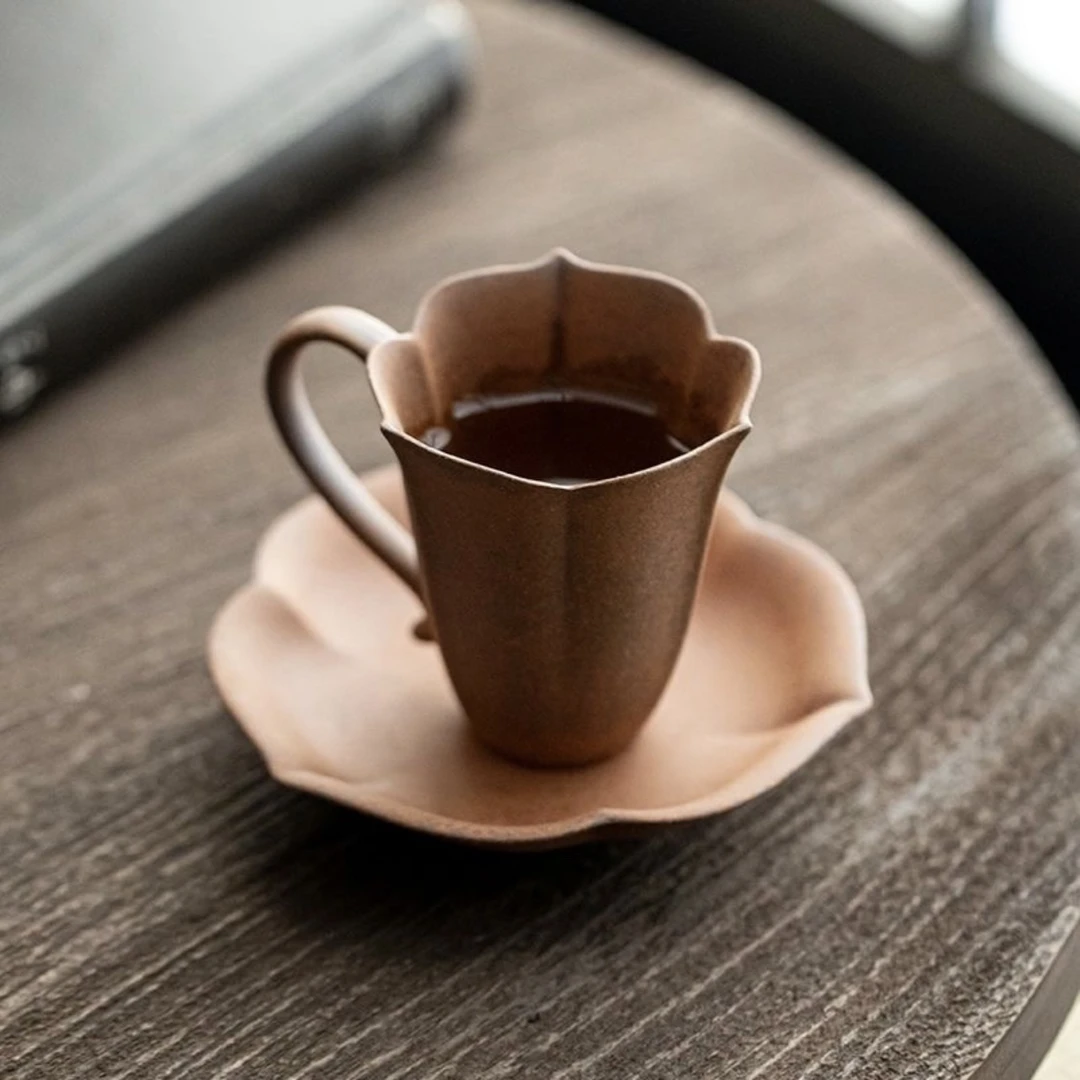 （素）2件套把手主人杯+杯垫  咖啡杯原矿老岩泥杯托隔热垫茶具茶道