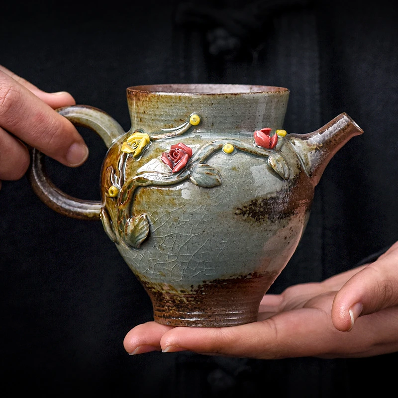 新款柴烧防烫公道杯家用陶瓷分茶杯大号手工捏花茶海日式复古茶道