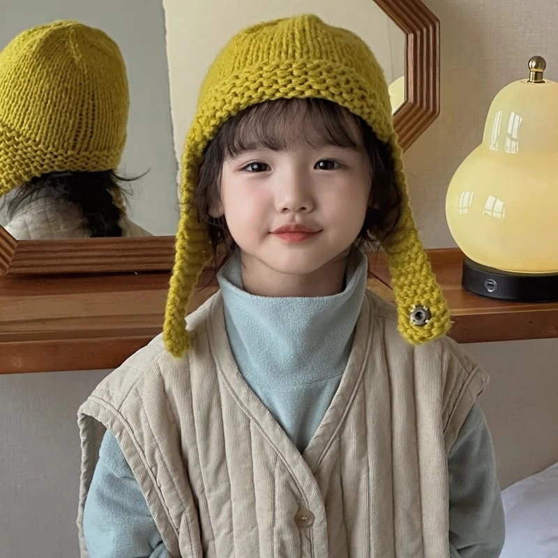 韩国儿童毛线帽子秋冬柔软长毛纯色男童套头帽女童保暖针织护耳帽