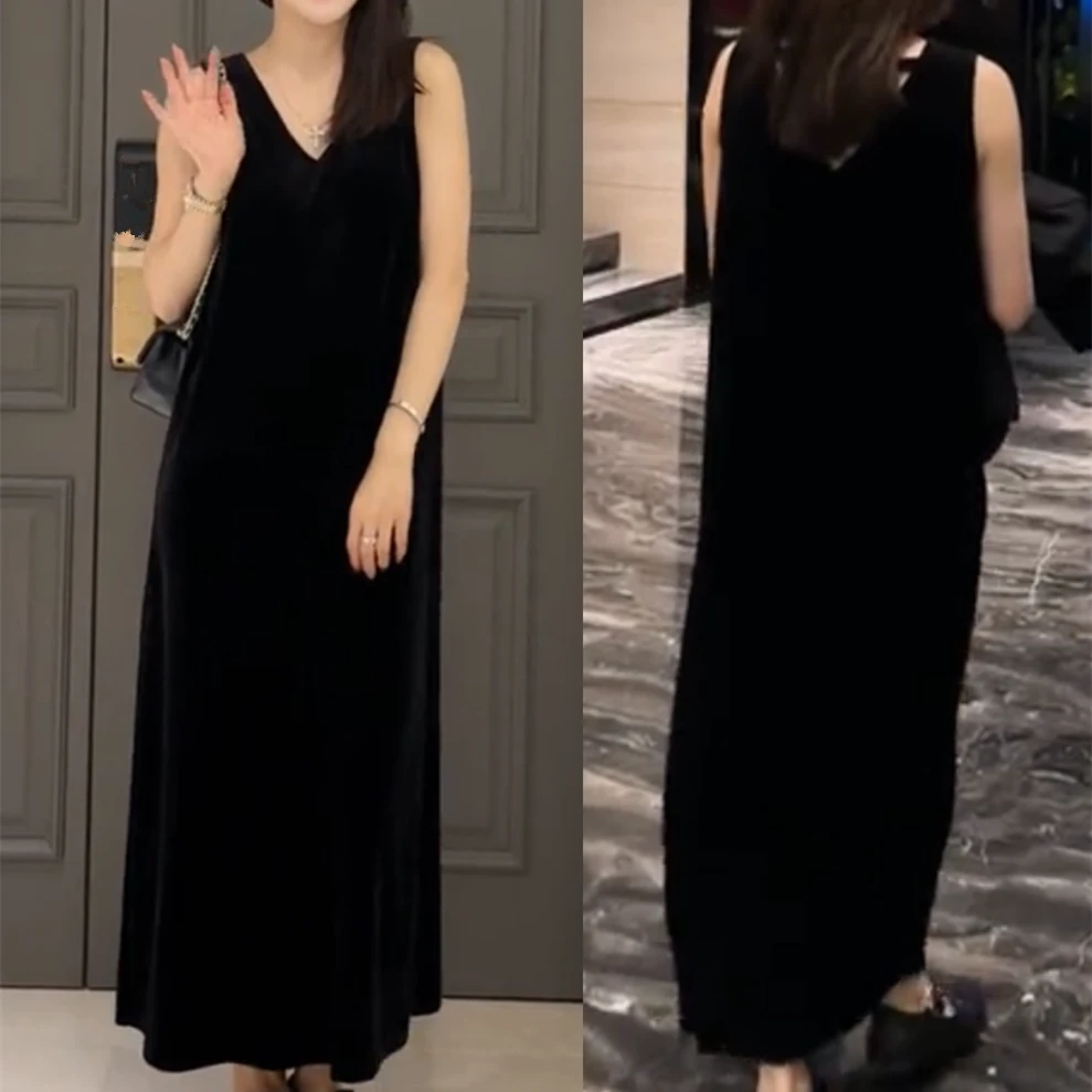 秋季气质V领无袖丝绒连衣裙女黑色显瘦露背长裙吊带裙内搭裙子