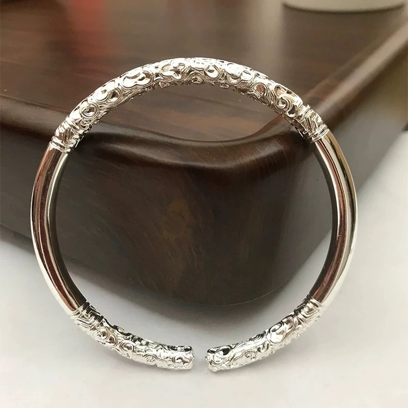 足银手镯 足银手镯 足银9999如意金箍棒祥云唐草纹雕花手环