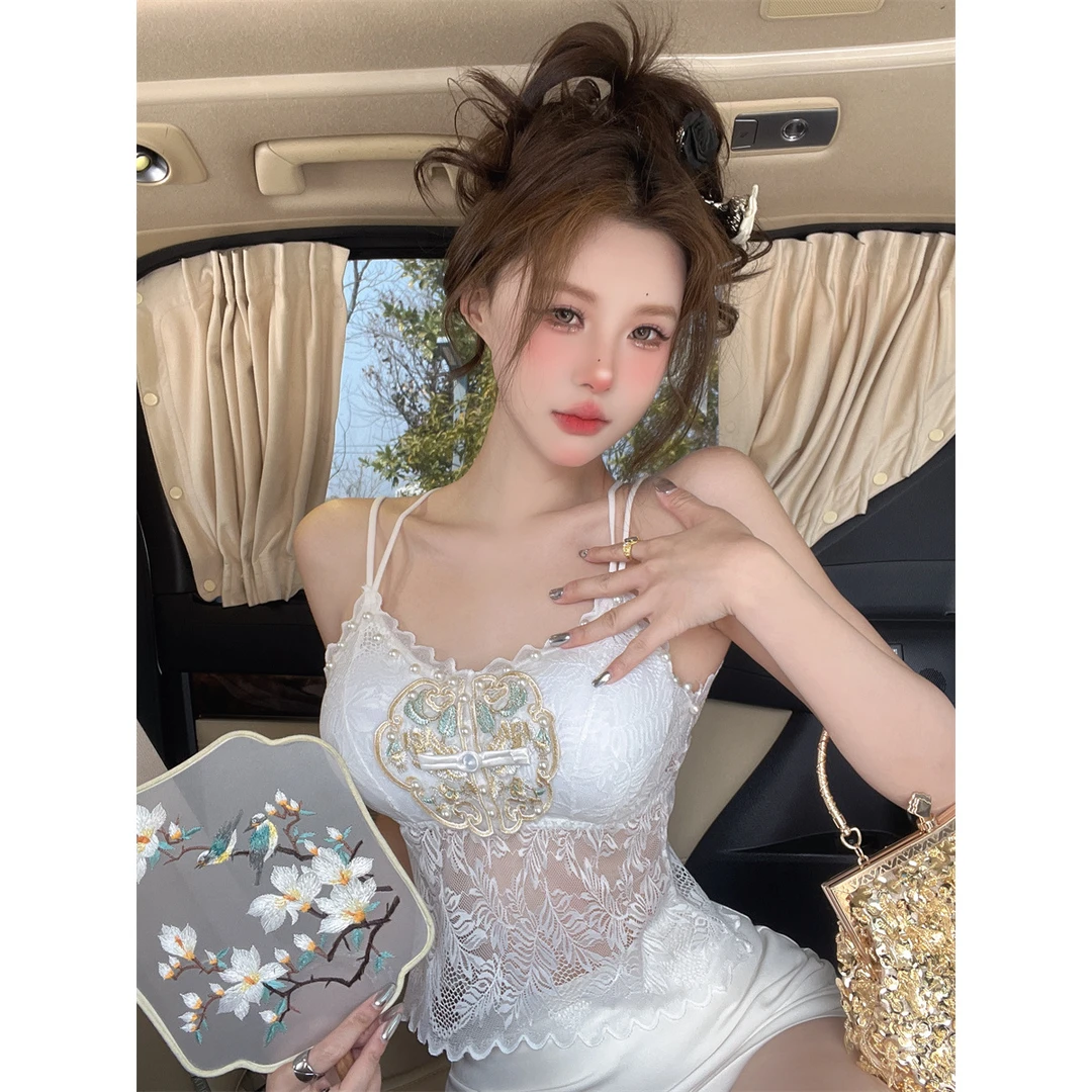 新中式蕾丝吊带背心女辣妹性感白色法式甜辣风无袖小上衣外穿夏季
