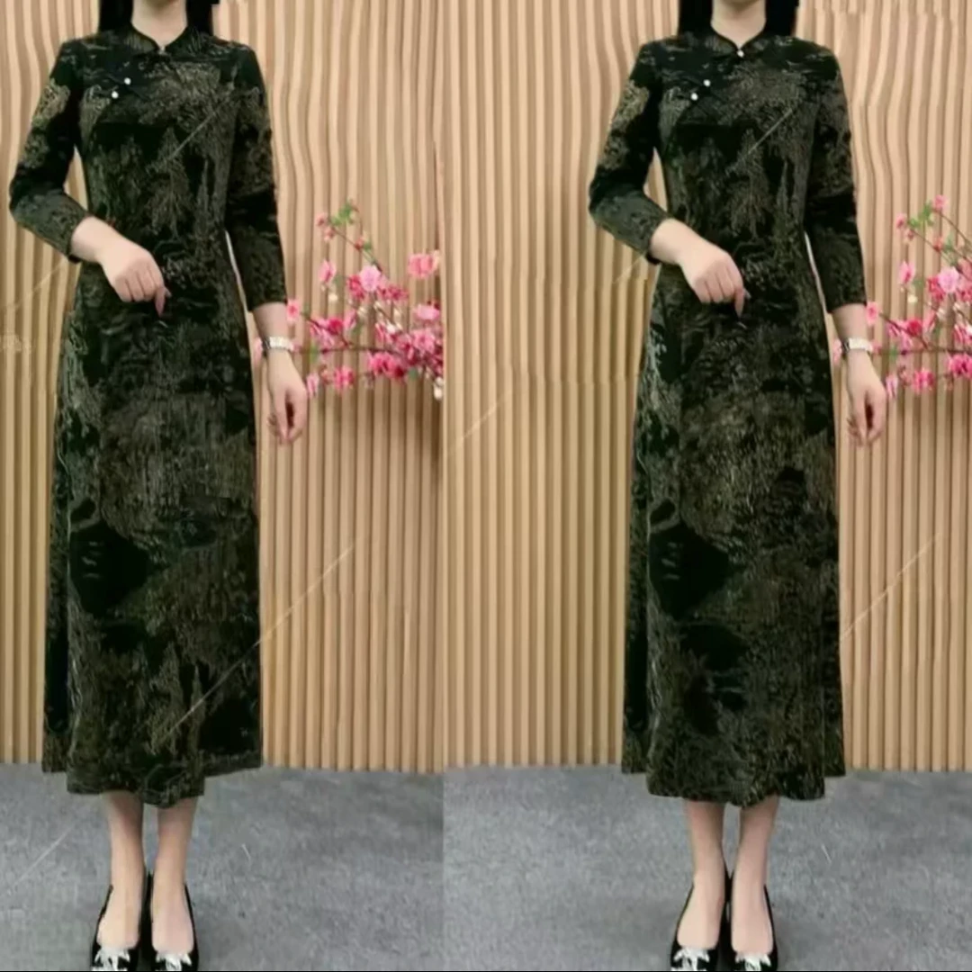 1294-160#新款夏季春秋薄款国风弹力缎显高显瘦改良旗袍连衣裙