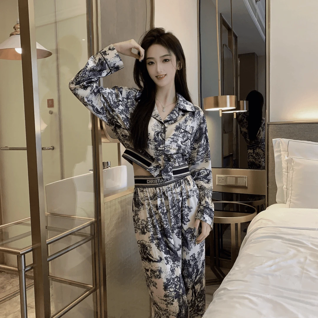 冰雪丝水墨画长袖显瘦家居服气质春秋两件套睡衣