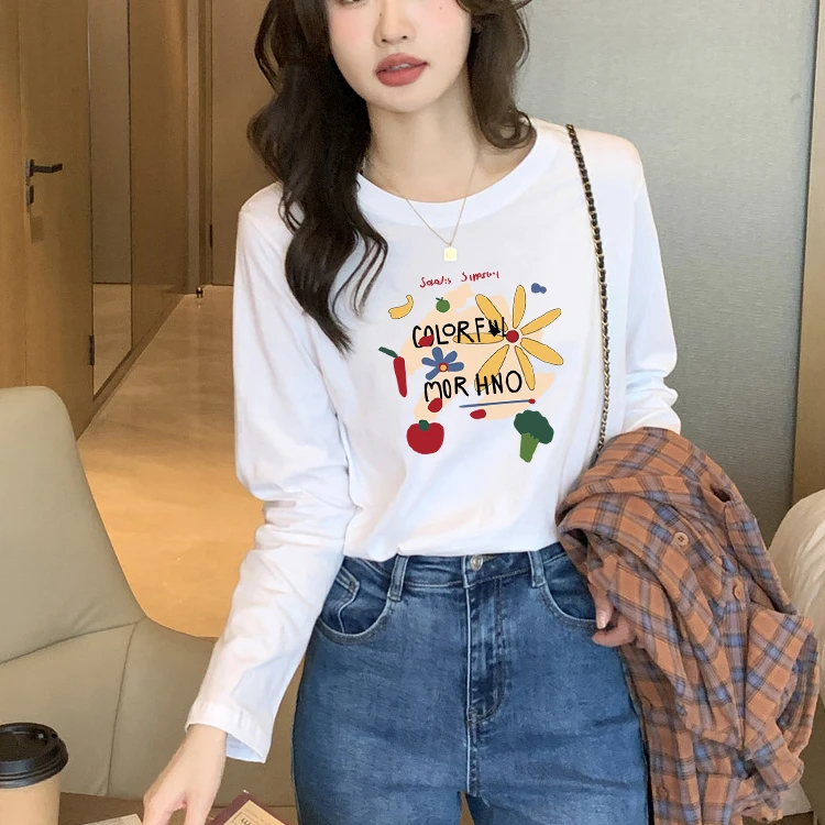 纯棉打底T恤女2025长袖印花宽松内搭t恤圆领纯色男女吉檀三月