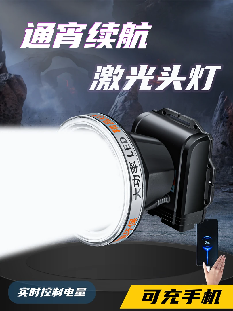 黄光户外挥手感应电量显示激光炮大光斑防水充电头戴式头灯