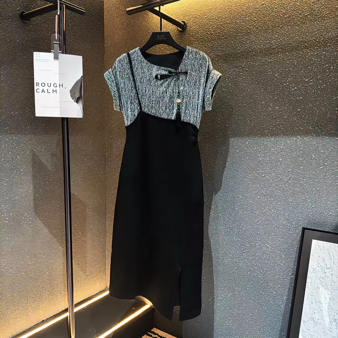 L编号【】丨国风银丝背带假两件气质开衩连衣裙1037