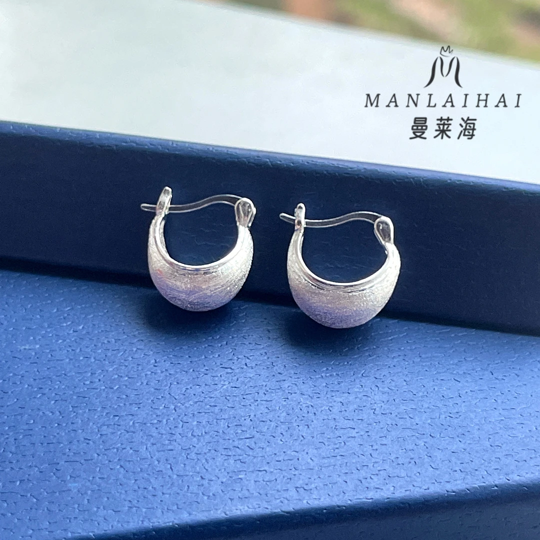 足银耳饰 拉丝时尚椭圆耳扣气质百搭小众简银色实心磨砂正品纯银