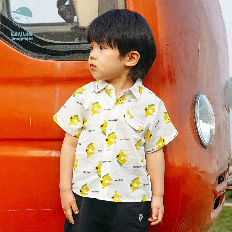 品牌男童花衬衫短袖港风痞帅儿童印花衬衣潮童韩版夏装XBC43279