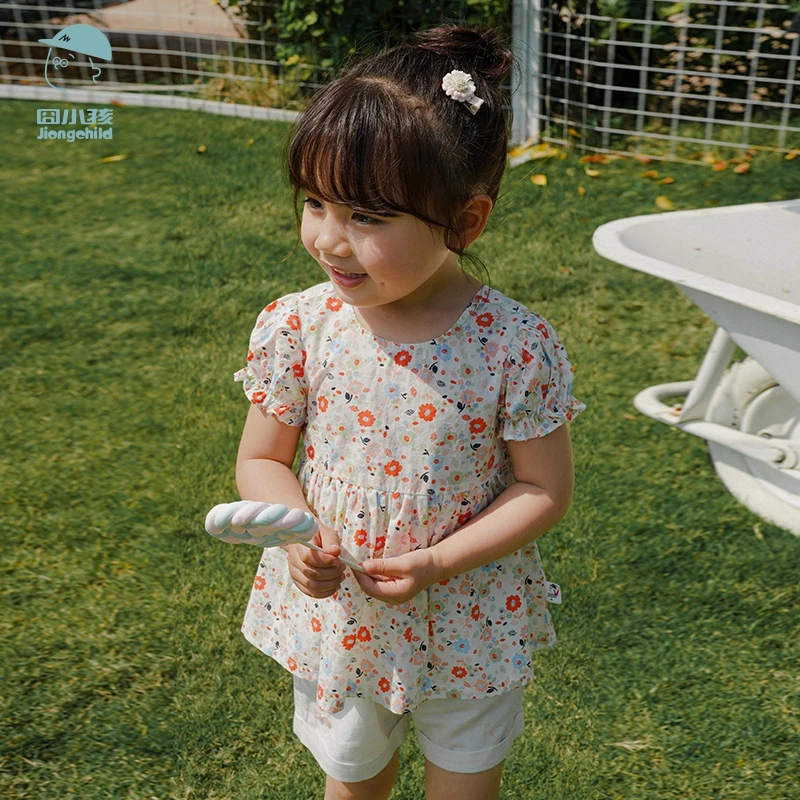 品牌女宝宝甜美短袖夏季女童洋气儿童夏装衬衫裙式上衣XGC33041