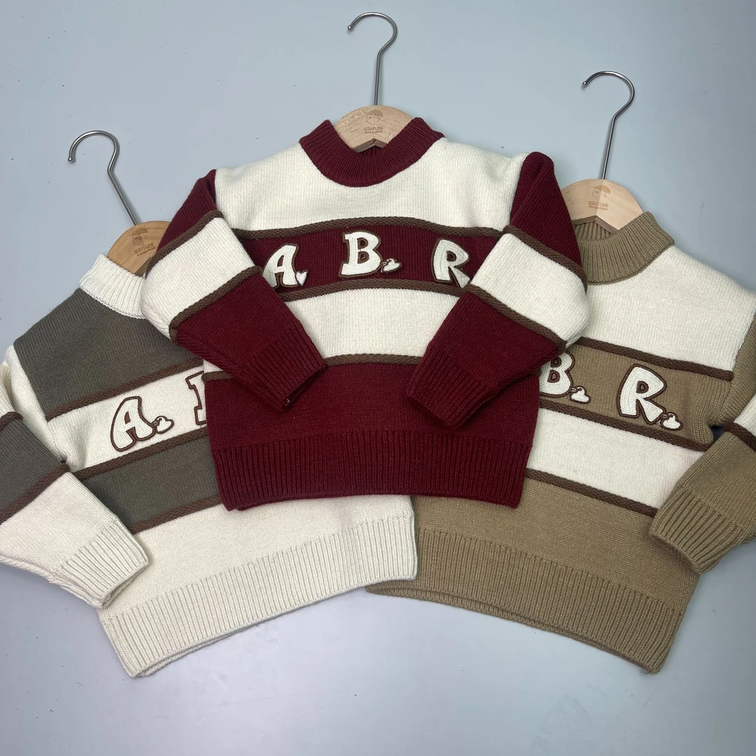 品牌秋冬儿童中性套头加厚针织毛衣条纹字母一体绒上衣XBA8889