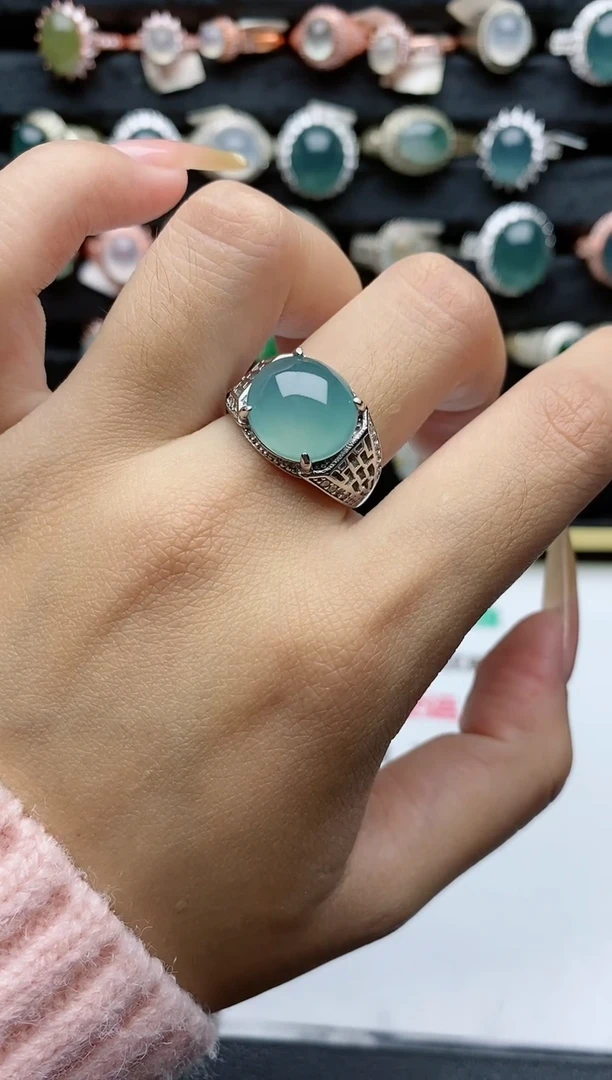 【闪购商品】翡翠戒指银S925镶嵌天然翡翠开口时尚男戒