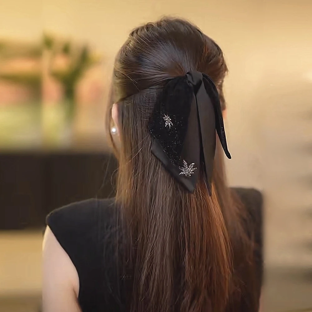 法式优雅黑色缎面蝴蝶结马尾抓夹 网红轻奢丝绒气质发夹发饰F158