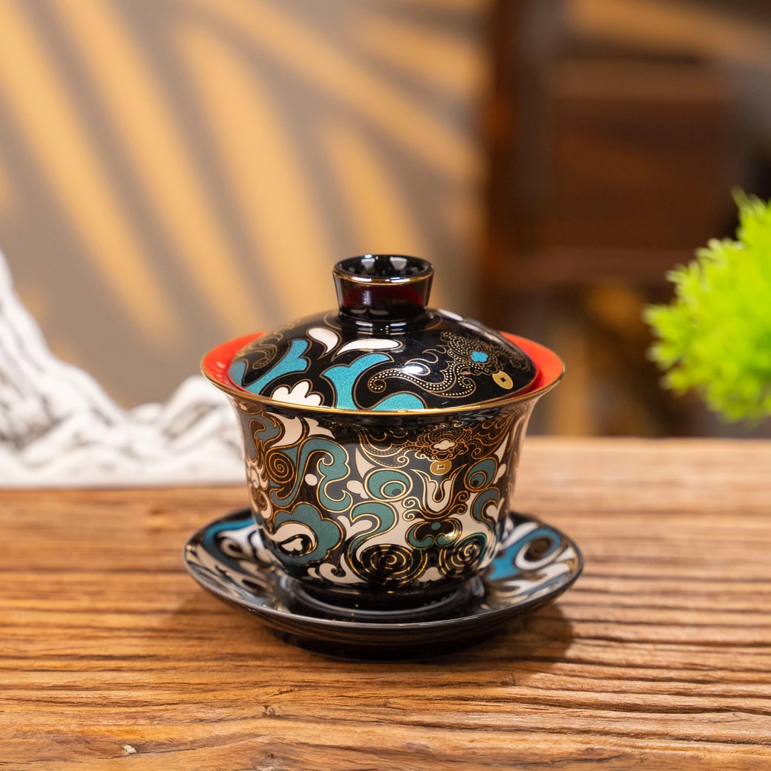 金银错饕餮盖碗饕餮壶泡茶碗茶杯个人手工功夫茶具盖碗茶杯珐琅彩