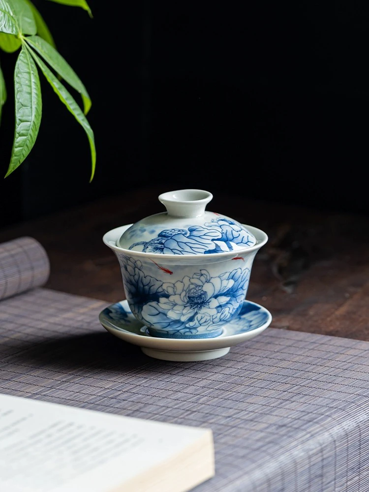 陶瓷三才瓷粉彩功夫泡敬茶碗家用盖碗单个青花瓷泡茶碗釉里红茶具