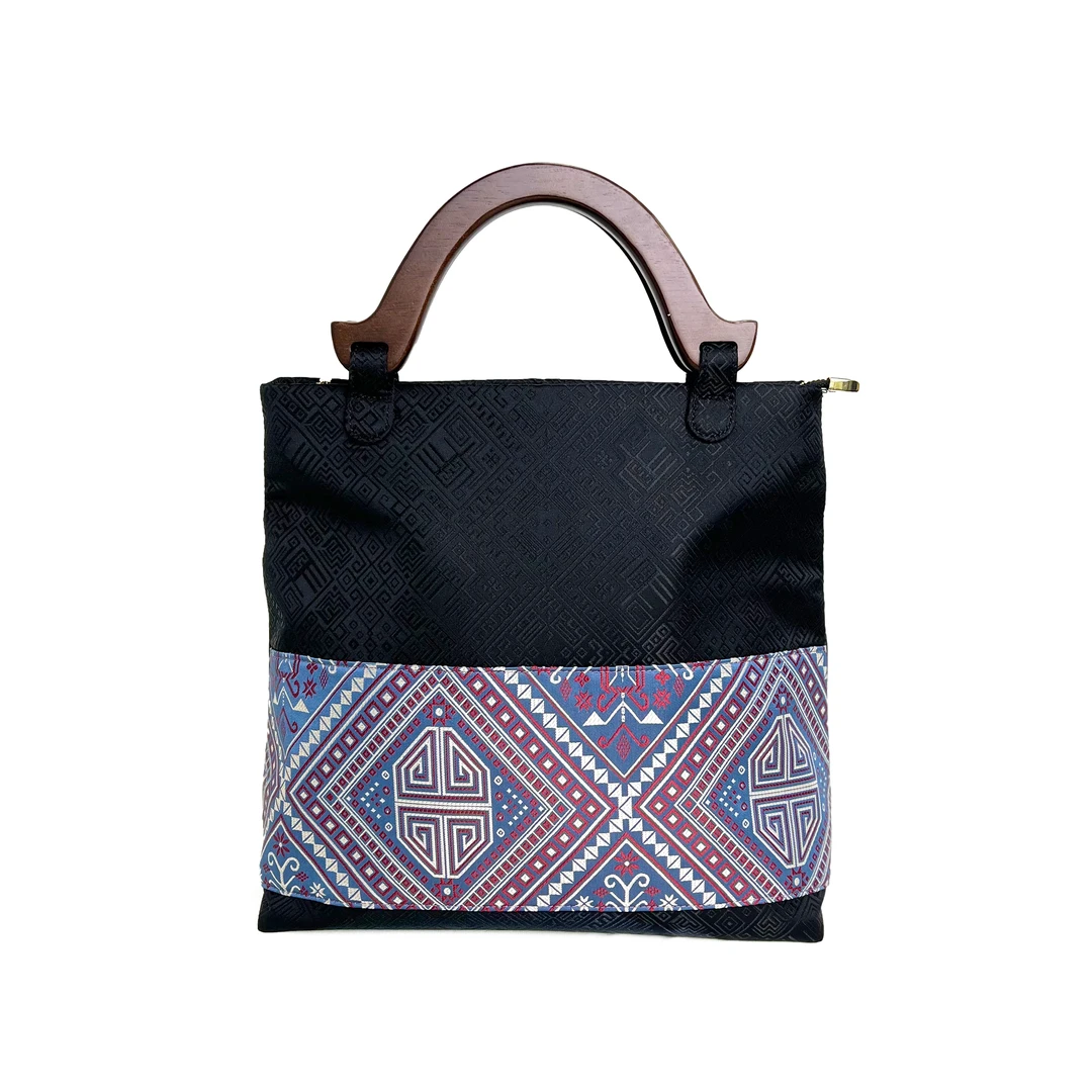 龙州壮锦万寿纹木柄手提包