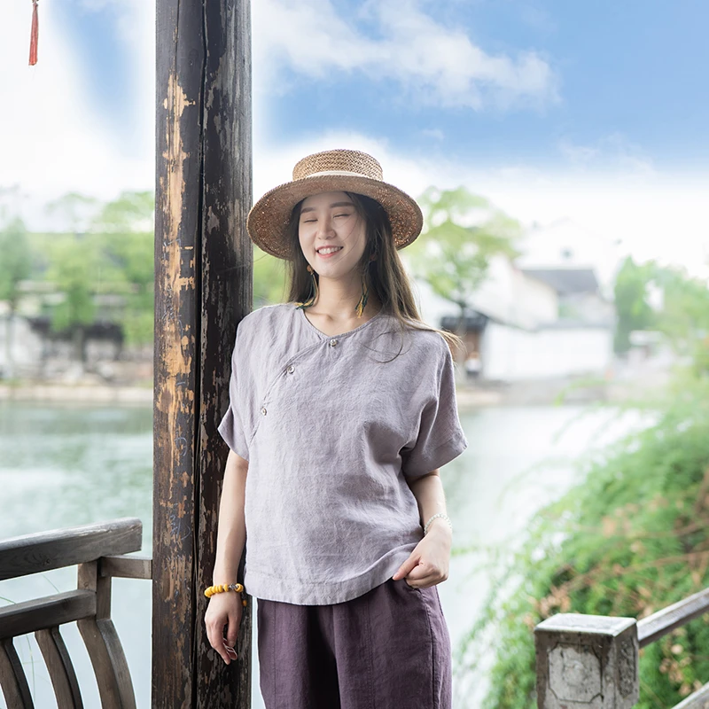 大小不二清冷色细支肌理亚麻上衣斜襟新中式短袖T恤夏装纯色宽松