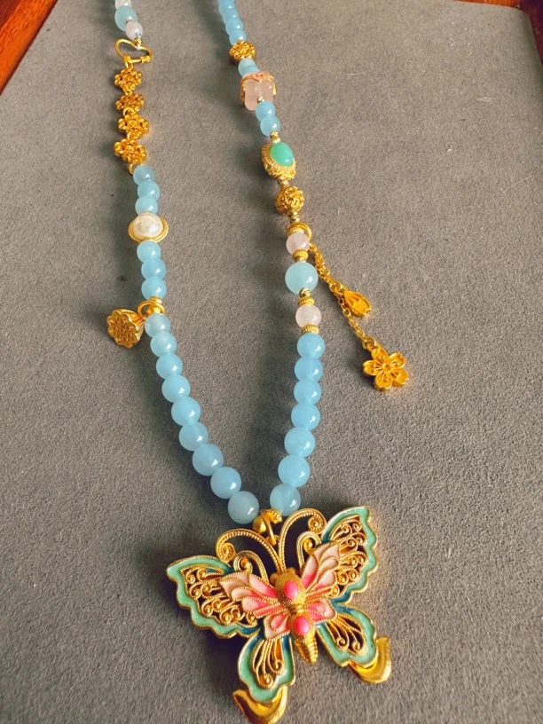 铜合金仿水晶项链 【翩蝶舞语】新中式古风烧蓝项链蓝色时尚60厘米