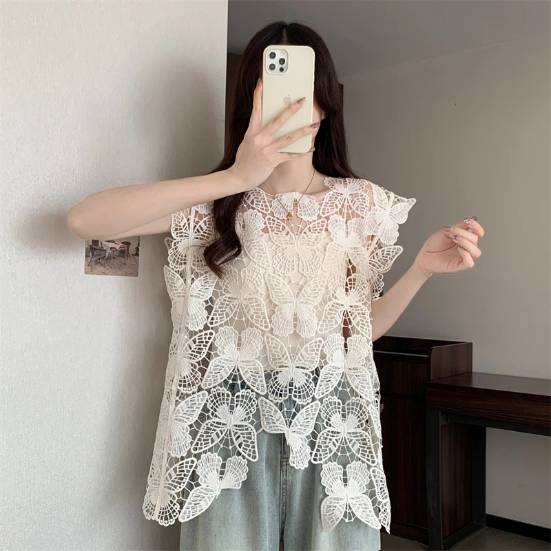 镂空钩花蝴蝶背心女2025夏季新款慵懒时髦罩衫叠穿无袖上衣TT052