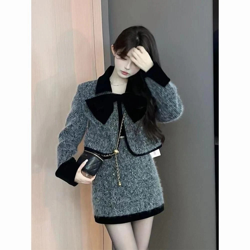 2024秋新款甜辣小香风套装女高级感小个子毛绒短外套半身裙两件套