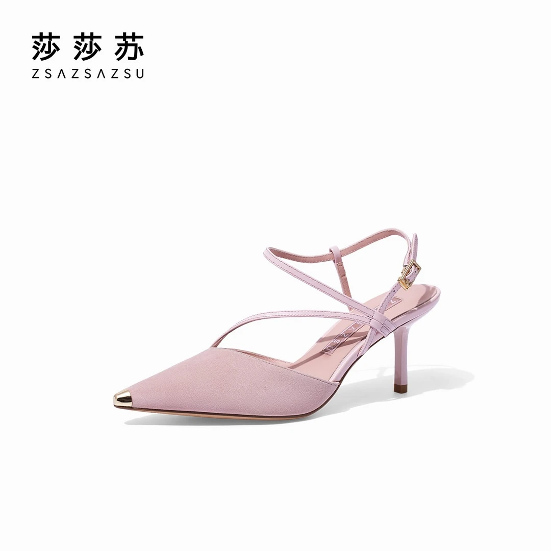 【外交官】莎莎苏春夏尖头细高跟一字带法式气质后空凉鞋ZA54124-60