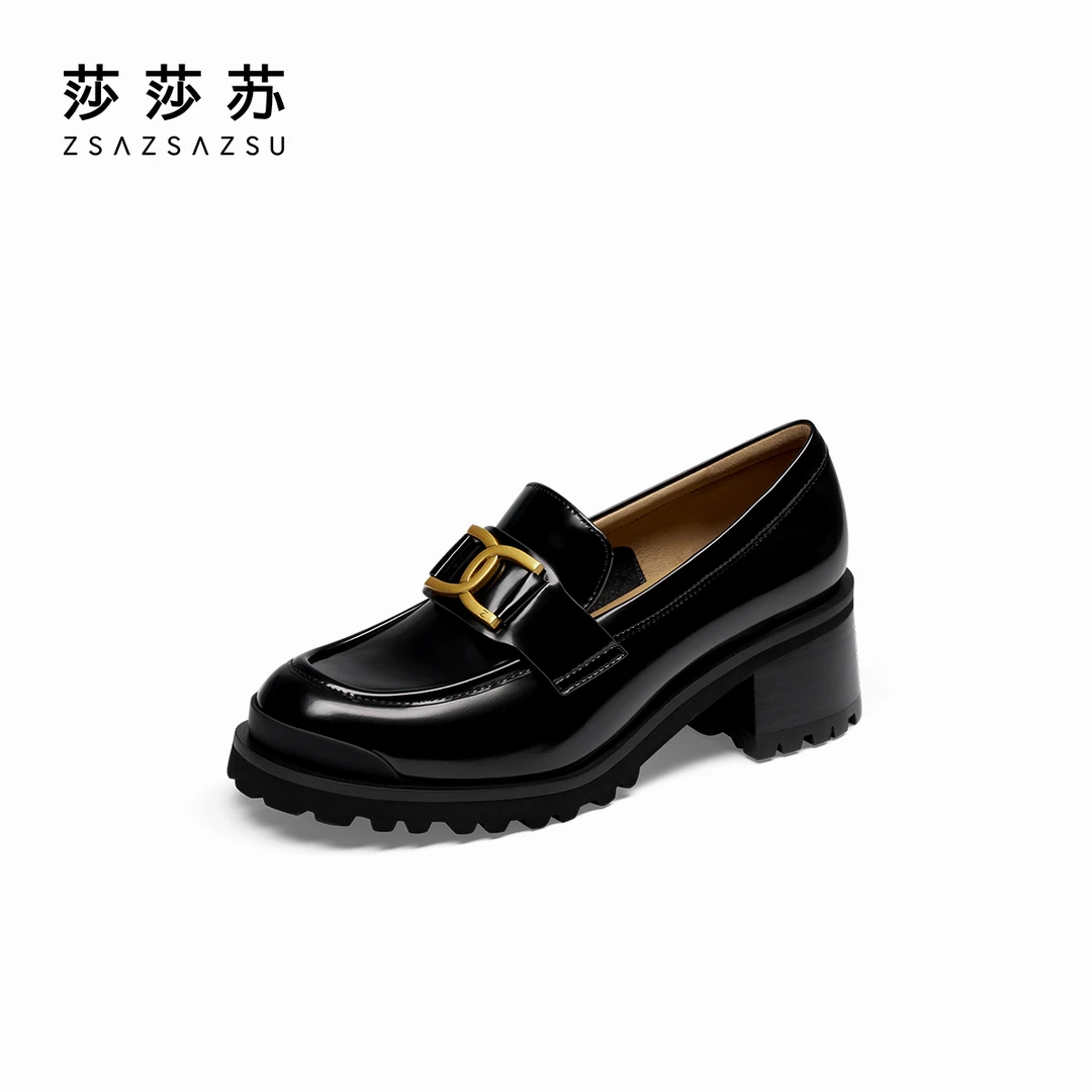 锁链结莎莎苏2024秋冬厚底粗跟一脚蹬黑色英伦风乐福鞋ZA54504-41