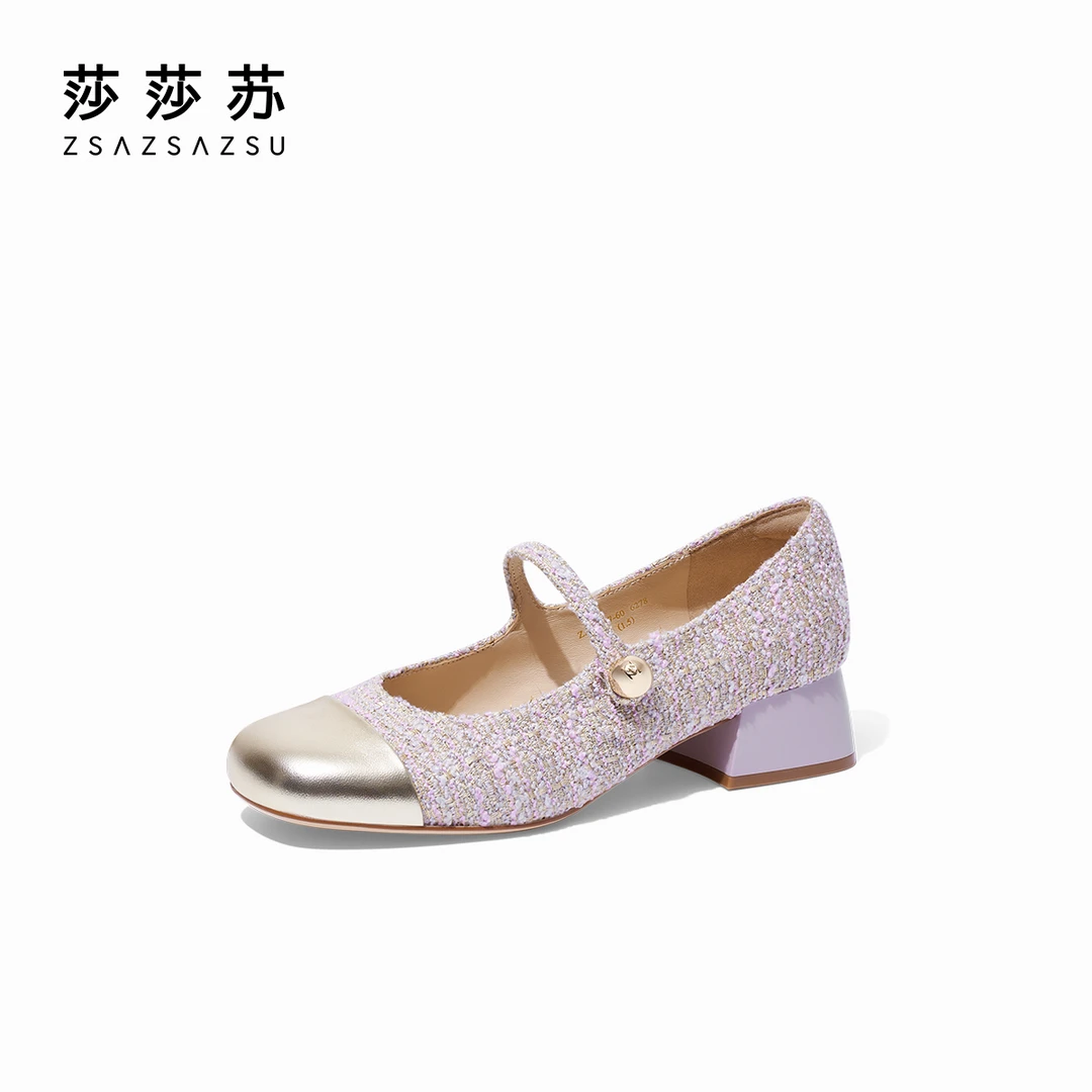 莎莎苏2023秋新款高粗跟圆头小香风玛丽珍单鞋女一脚蹬ZA43577-60