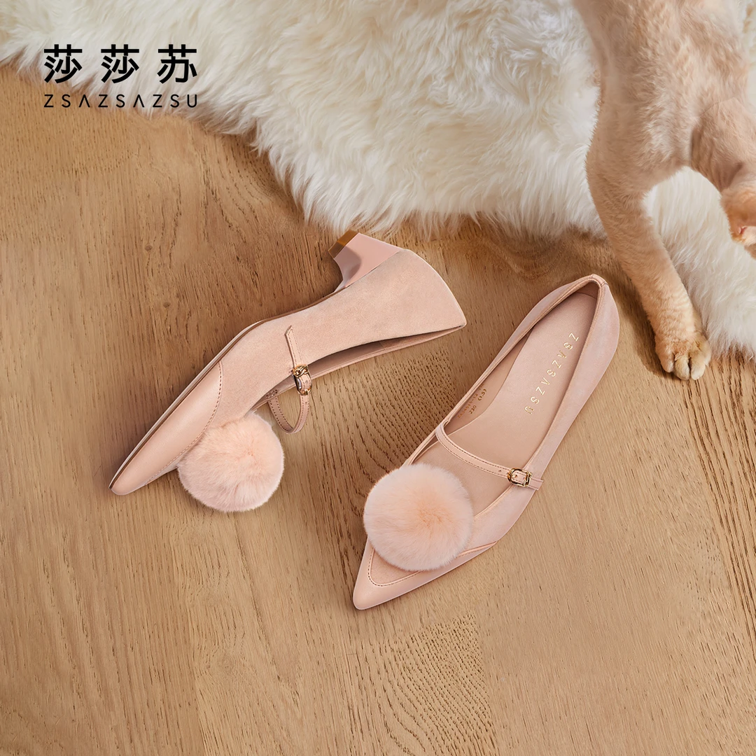 【QQ爱】莎莎苏秋季新款粉色毛球小猫跟法式气质玛丽珍鞋ZA54515-12