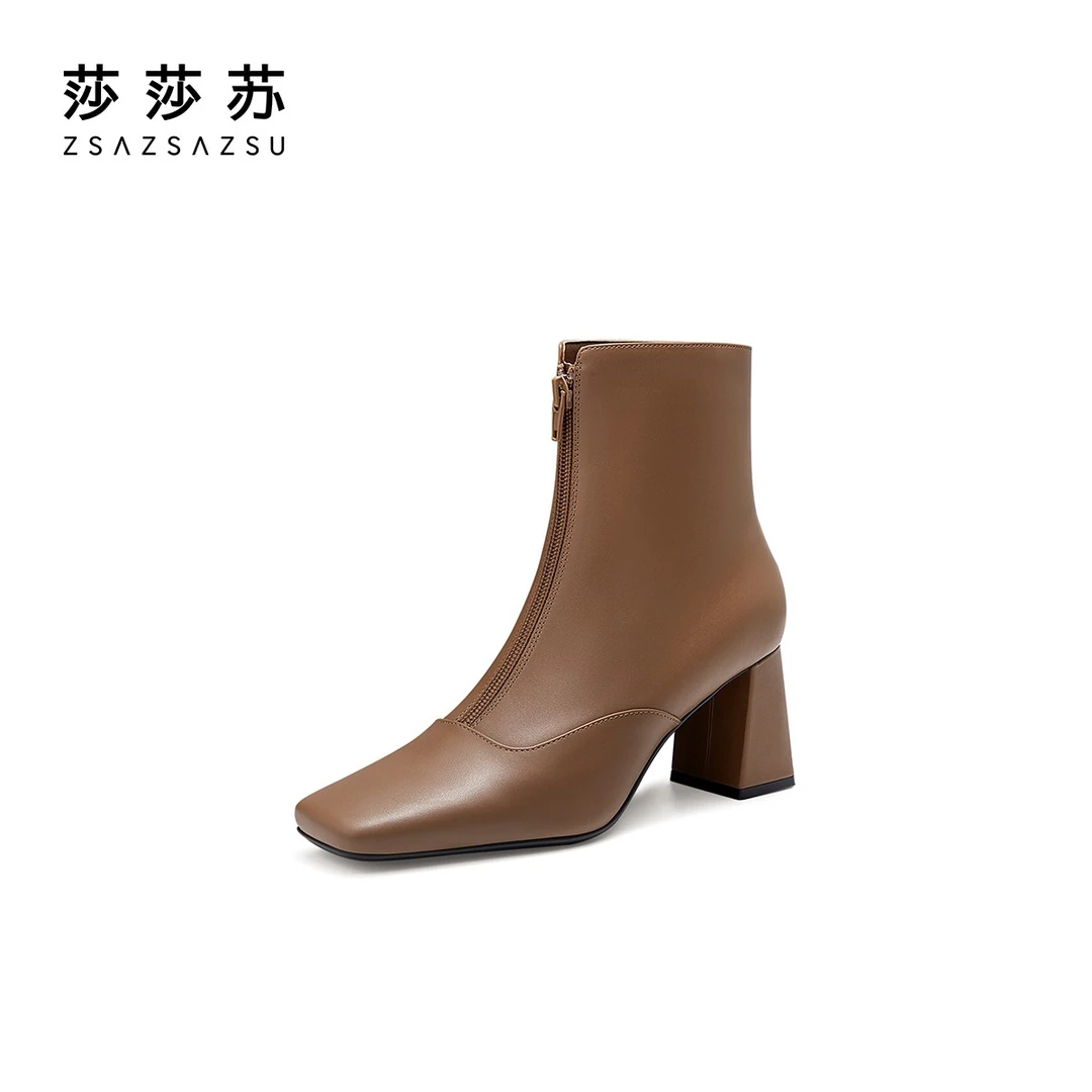 新款冬季时尚高跟方头时装靴瘦瘦靴粗跟气质女中筒靴ZA30705-13