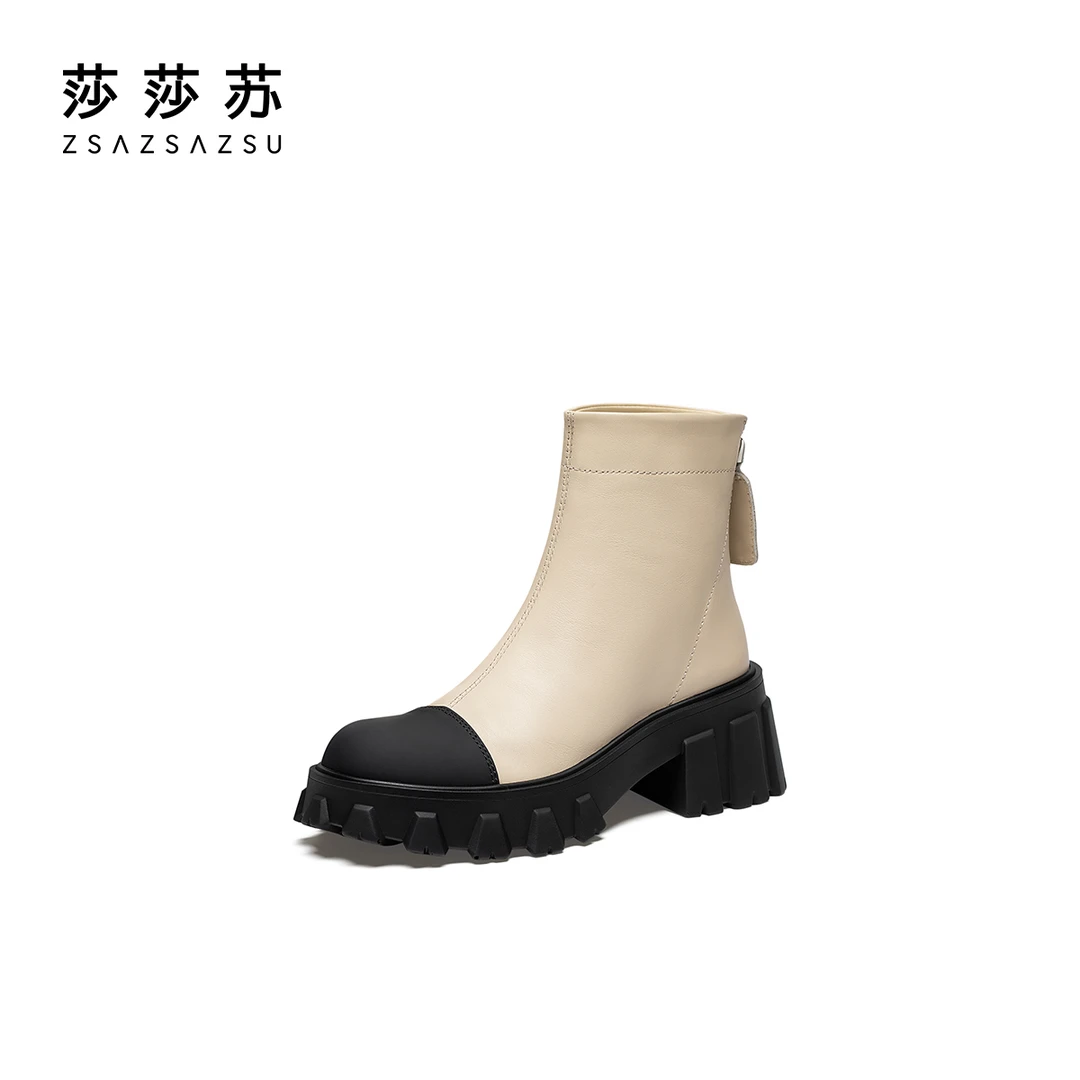 莎莎苏秋冬拼色粗跟圆头厚底短筒时装靴设计感瘦瘦靴女ZA32701-41