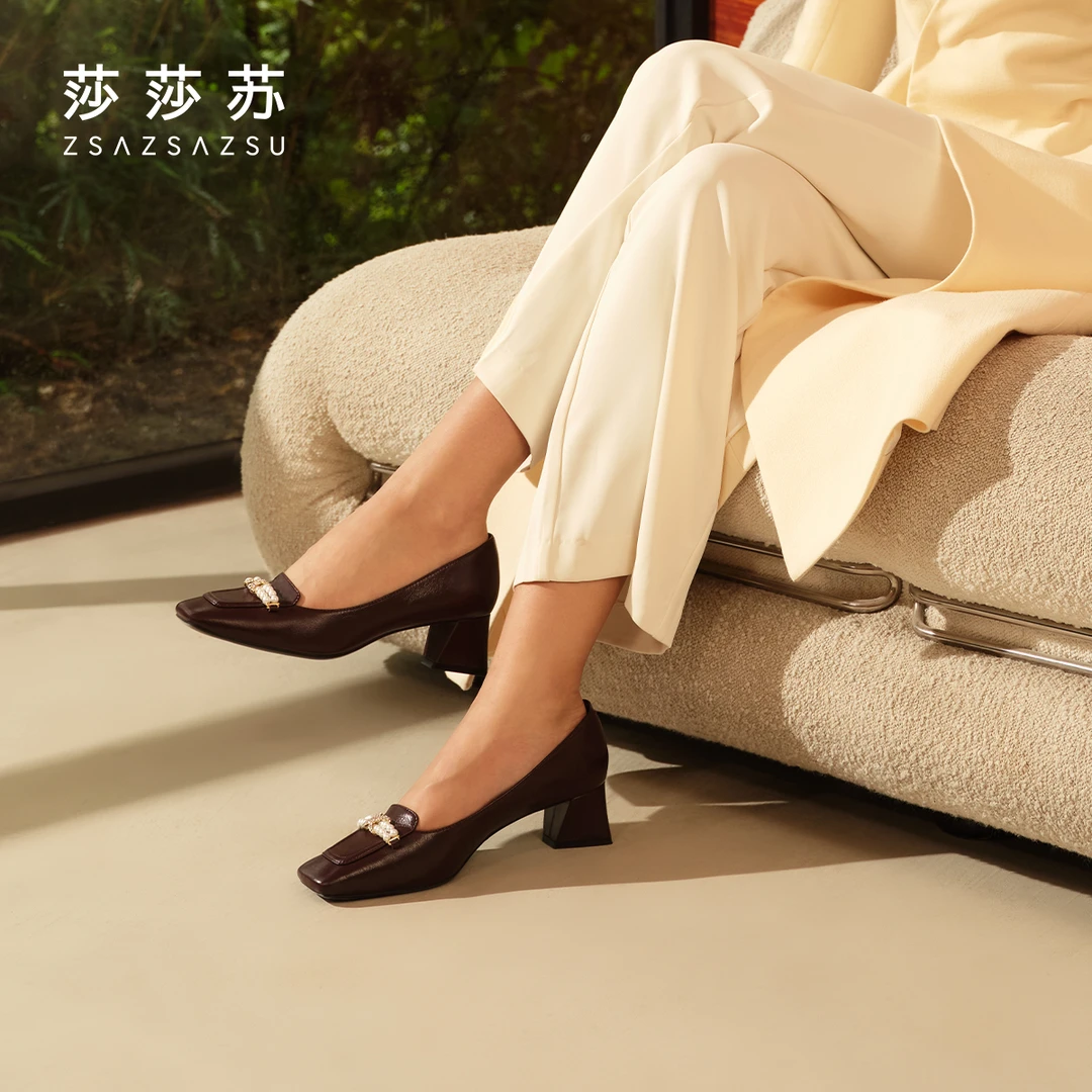 【糖豆珍珠】莎莎苏秋新款方头粗跟高跟鞋一脚蹬女单鞋ZA54514-15