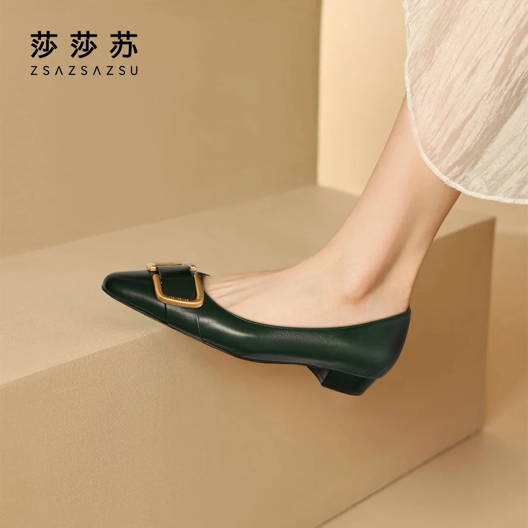 小金扣莎莎苏秋新款尖头羊皮低粗跟平底女款单鞋小皮鞋ZA54501-10