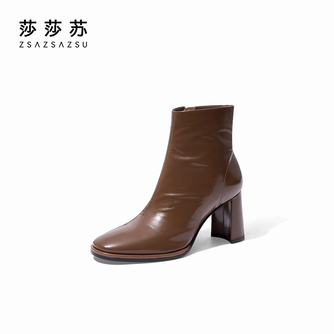 莎莎苏2023冬季新款气质短筒高粗跟拉链方头瘦瘦时装靴ZA43707-40