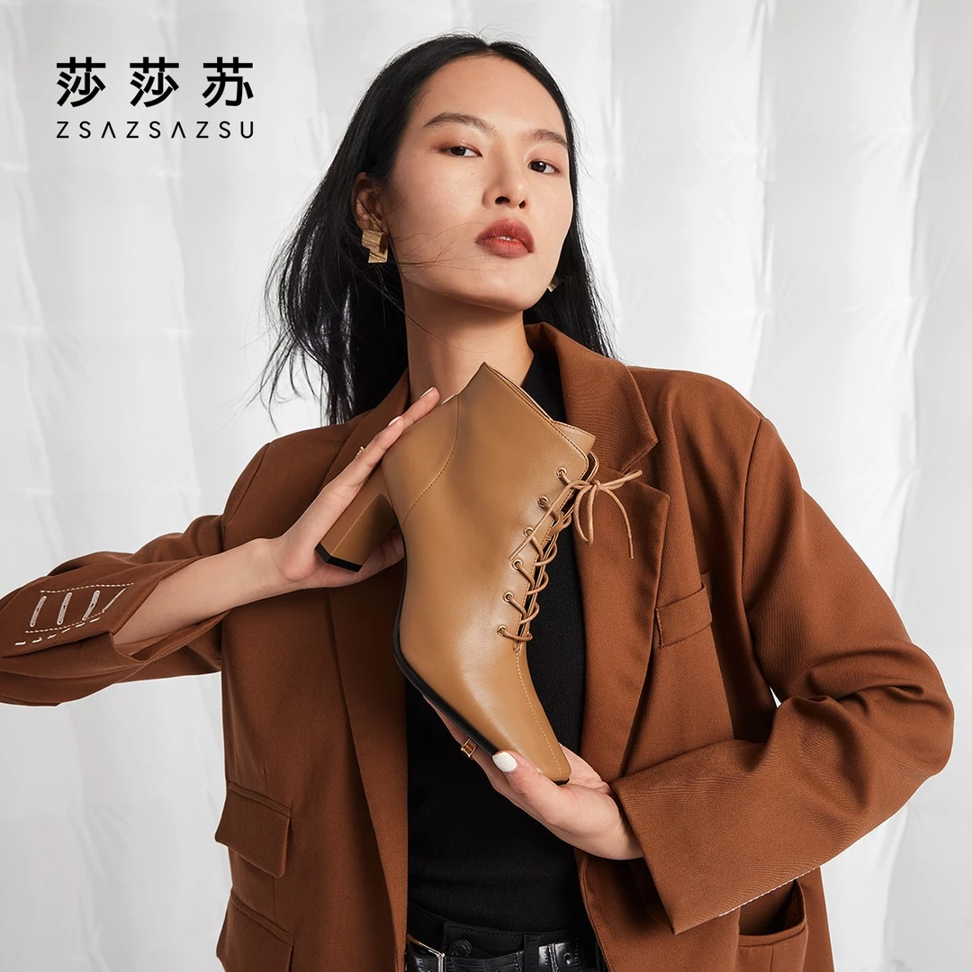 莎莎苏复古高跟中筒小方头系带增高美拉德时装靴短靴女ZA32520-12