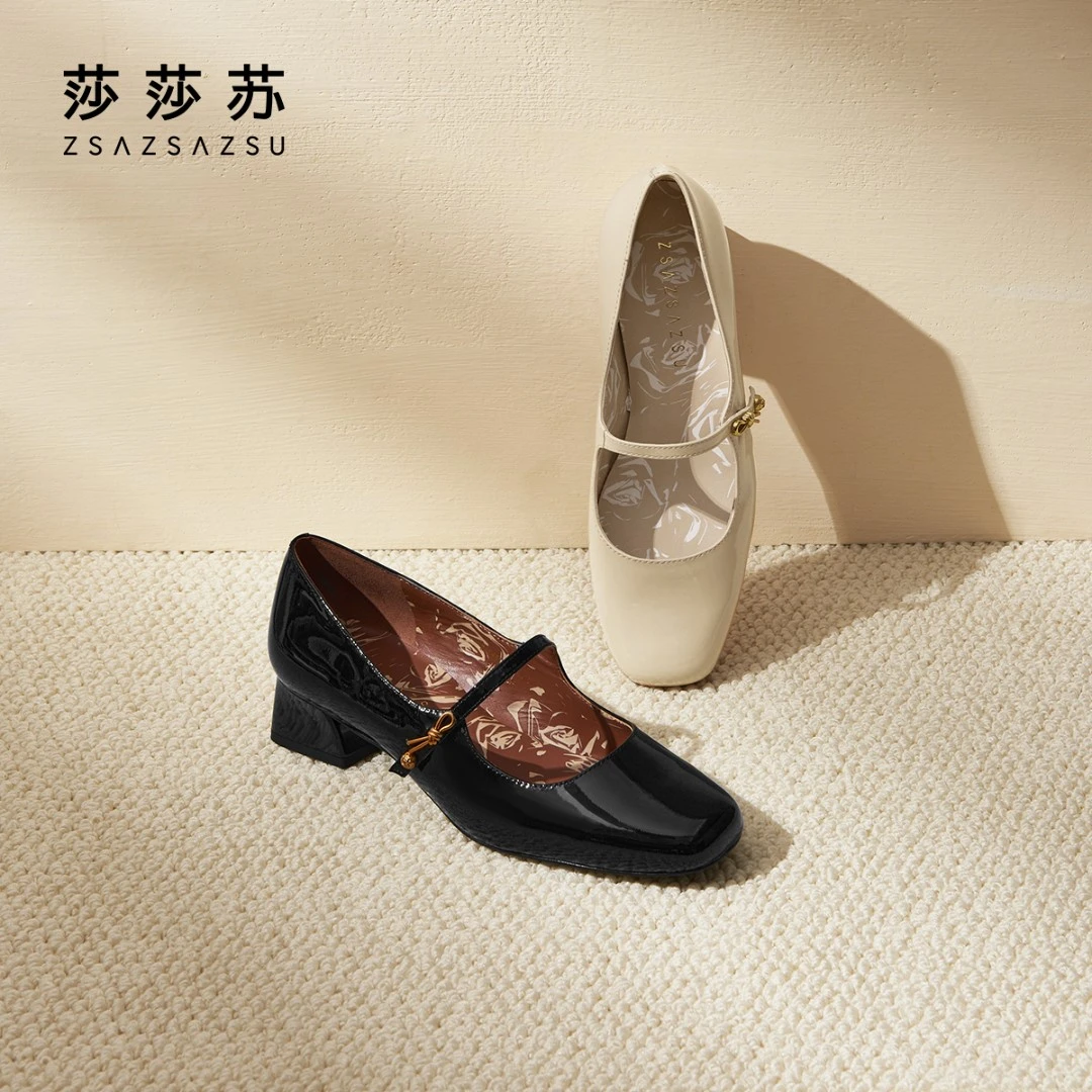 【许愿结】莎莎苏秋季雅丹风方头百搭粗跟玛丽珍女鞋单鞋ZA54519-12