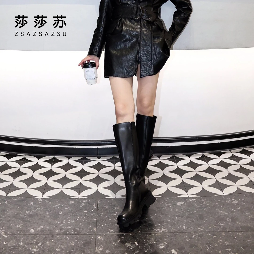 莎莎苏秋冬厚底高筒粗跟加绒保暖骑士靴帅气长款马丁靴ZA43702-41