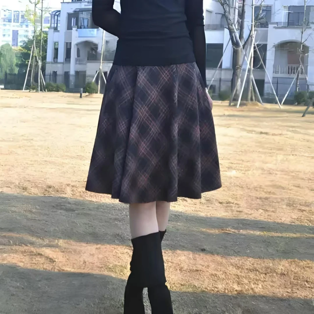 vintage秋冬半身裙时尚百搭复古拼接格子显瘦(直播间链接)