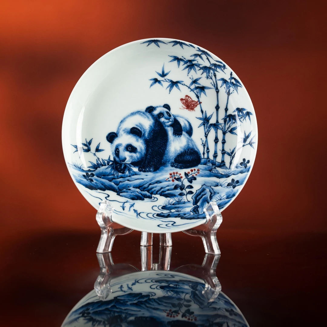 阳春白雪 青花釉里红熊猫壶承 直径15.9cm 景德镇陶瓷
