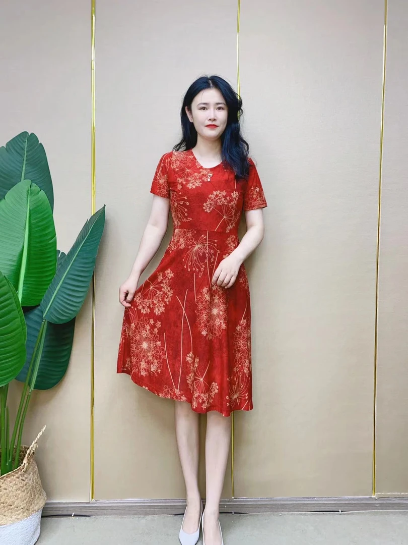 夏装裙子女装连衣裙弹力两侧口袋宽松大码妈妈红色气质中长连衣裙