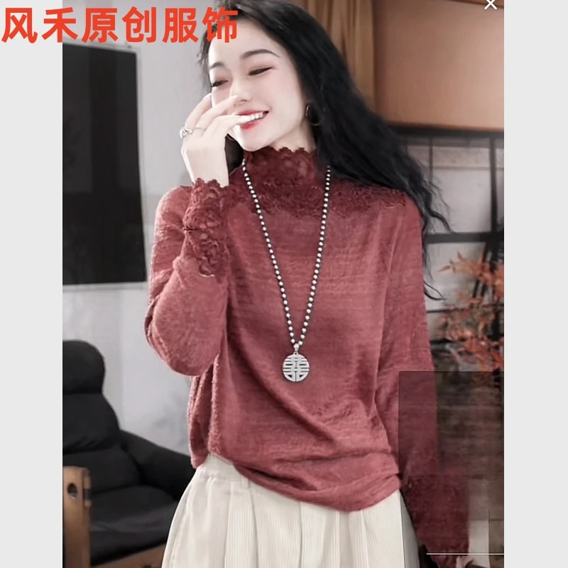 风禾原创【97027】冬款毛绒感高领蕾丝钩花内搭名媛风套头打底衫女