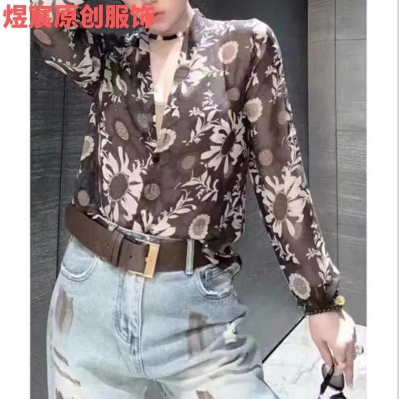 风禾原创【95125】夏季碎花长袖时尚洋气百搭休闲薄款宽松印花衬衫