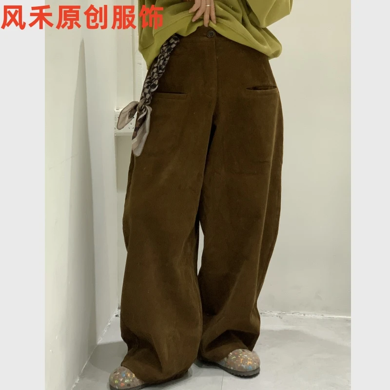 风禾原创【K8817】秋冬时尚休闲百搭宽松口袋松紧高腰灯芯绒阔腿裤