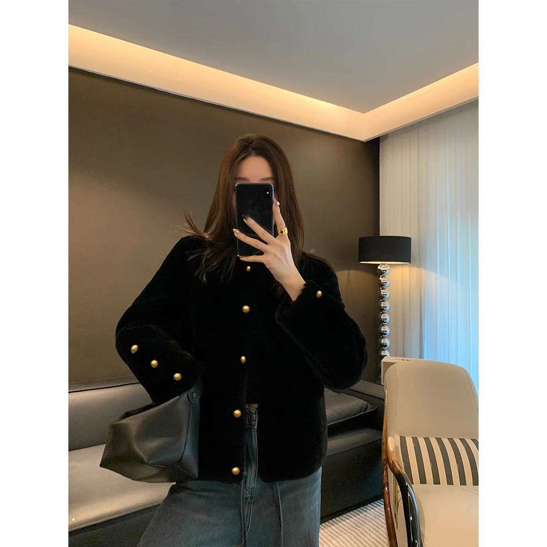 xxoossoo澳洲进口美丽奴 巴黎名媛 皮草黑色皮毛一体金扣外套