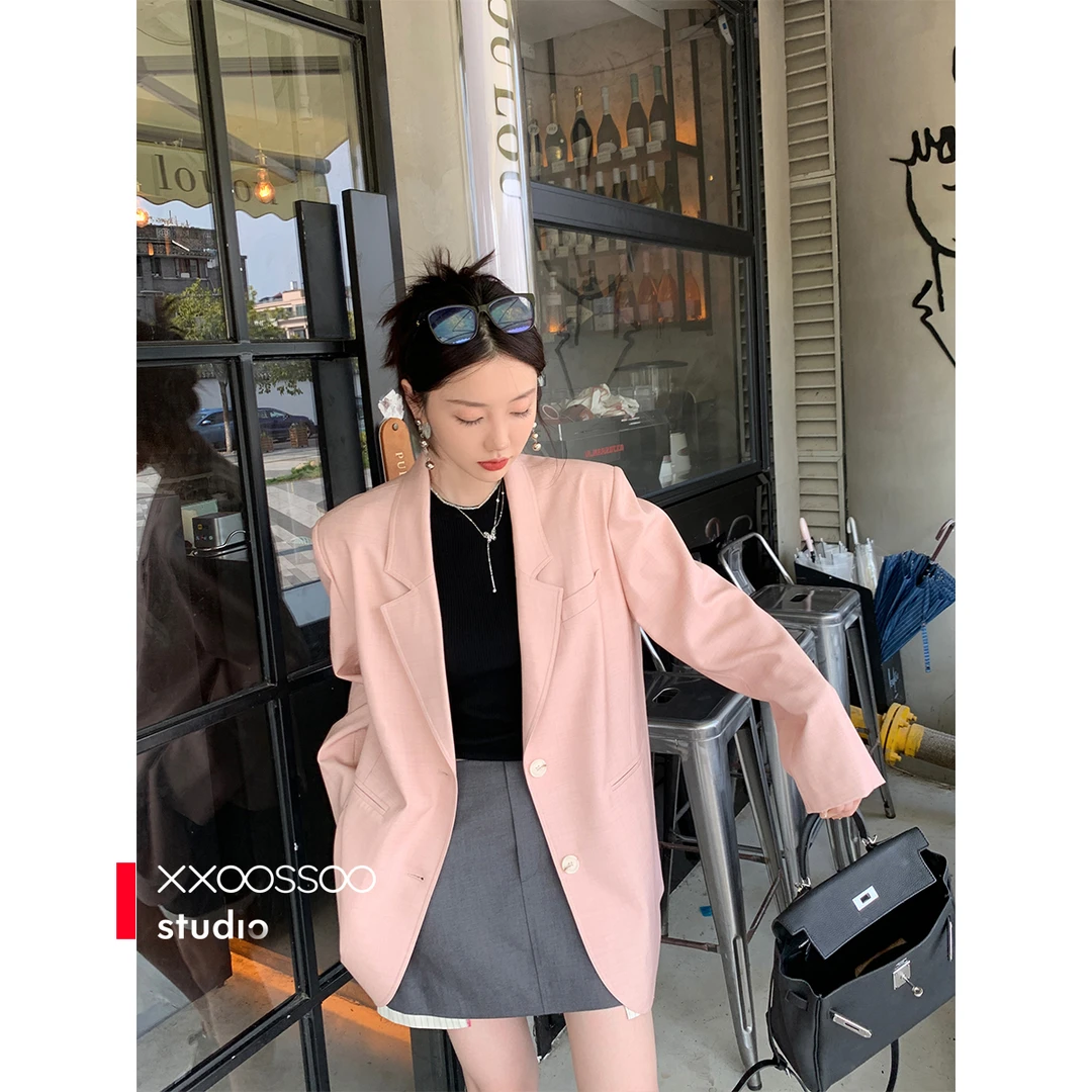 xxoossoo甜氧发酵 女神气质直角肩 荷花粉西装外套百搭秋季新款